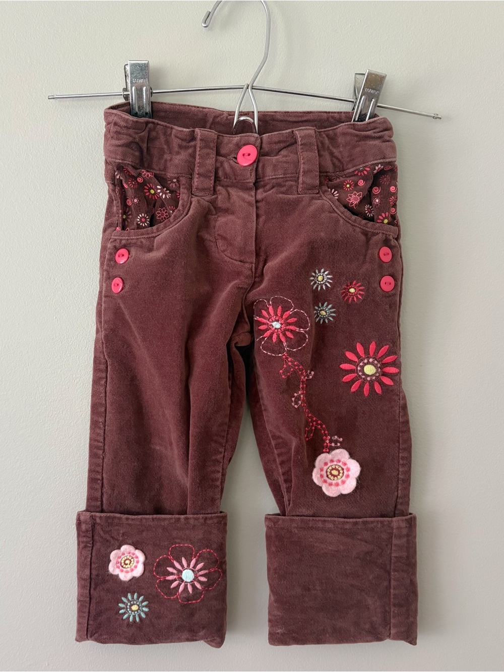deux par deux Brown Corduroy Girls' Pants with Pink Floral Embroidery